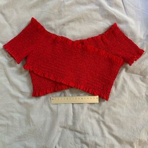 Nasty Gal Red Smocked Off-Shoulder Crop Top